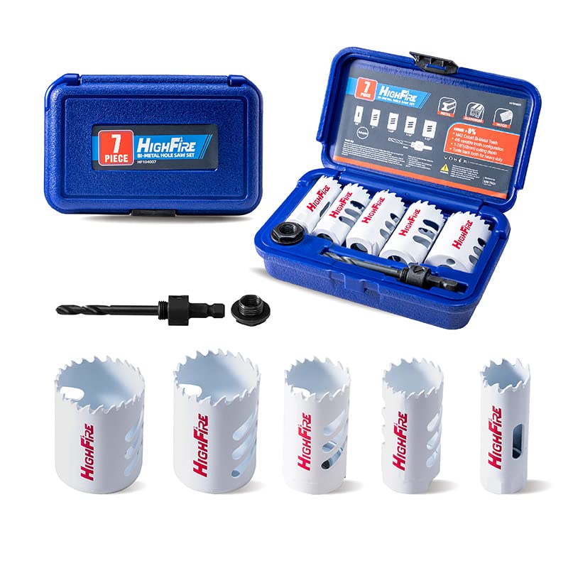 Highfire Bi-Metal Hole Saw Kit, 7-Piece Hole Saw Set 7/8",1",1-1/8",1-1/4" and 1-1/2" Hole Saw with Mandrels for Metal, Wood, Plastic, PVC and Drywall - Image 1